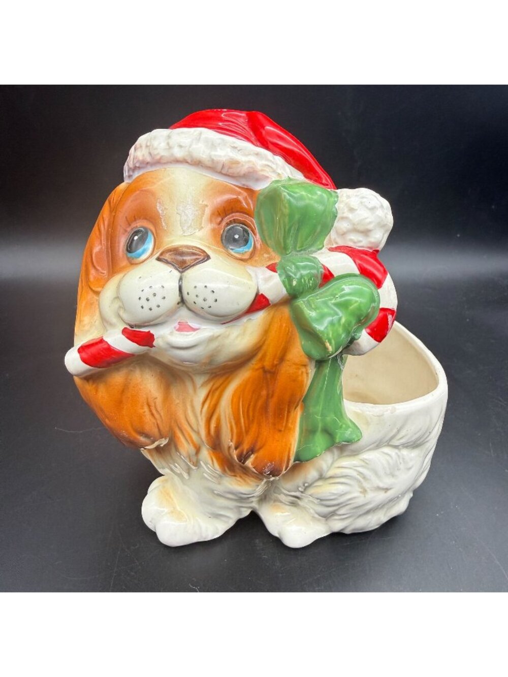 Vtg Inarco Japan Christmas Cocker Spaniel Ceramic Planter Santa Hat Candy Cane
